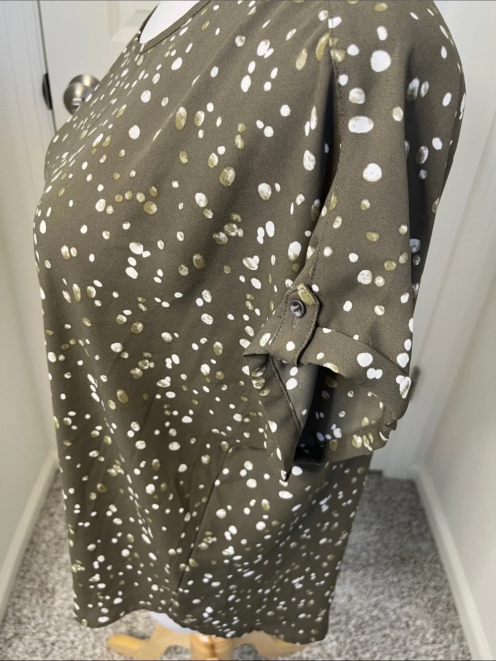 Maurices Olive Green Short Sleeve Blouse with White Dot Print - Picture 3 of 5